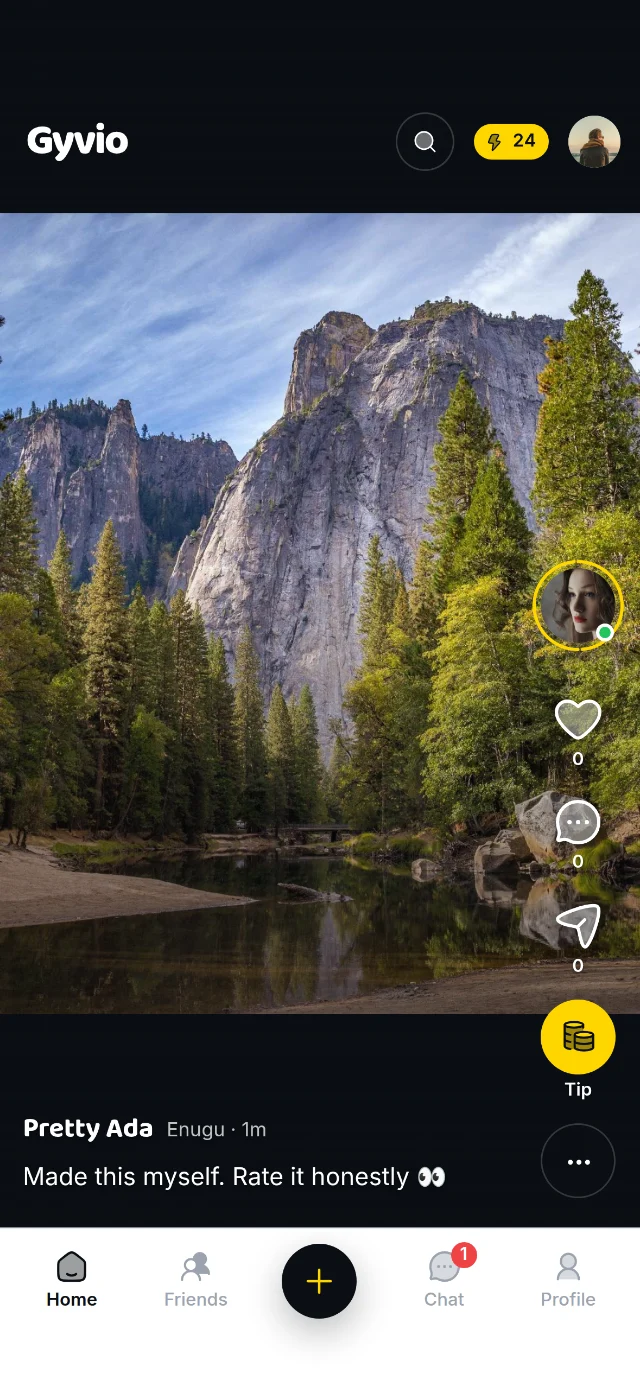 The Gyvio feed: a full-screen photograph, with like, comment, share and Tip buttons down the side.
