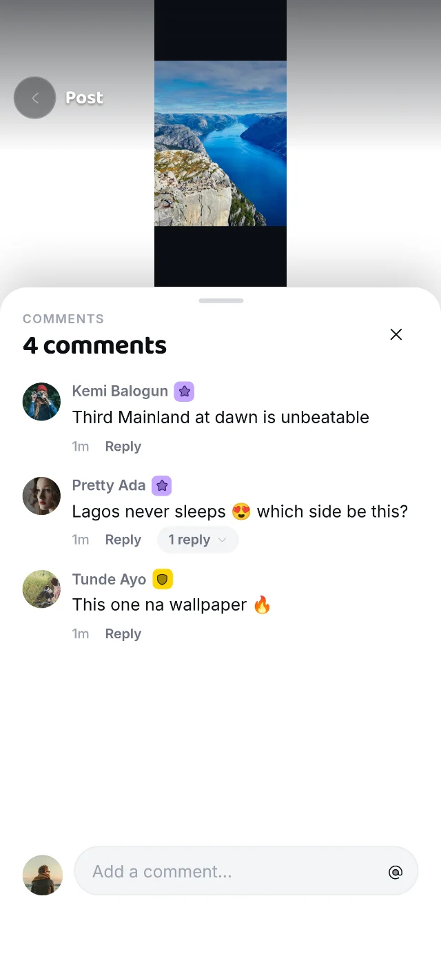 The comments sheet on a post, four comments with one reply.