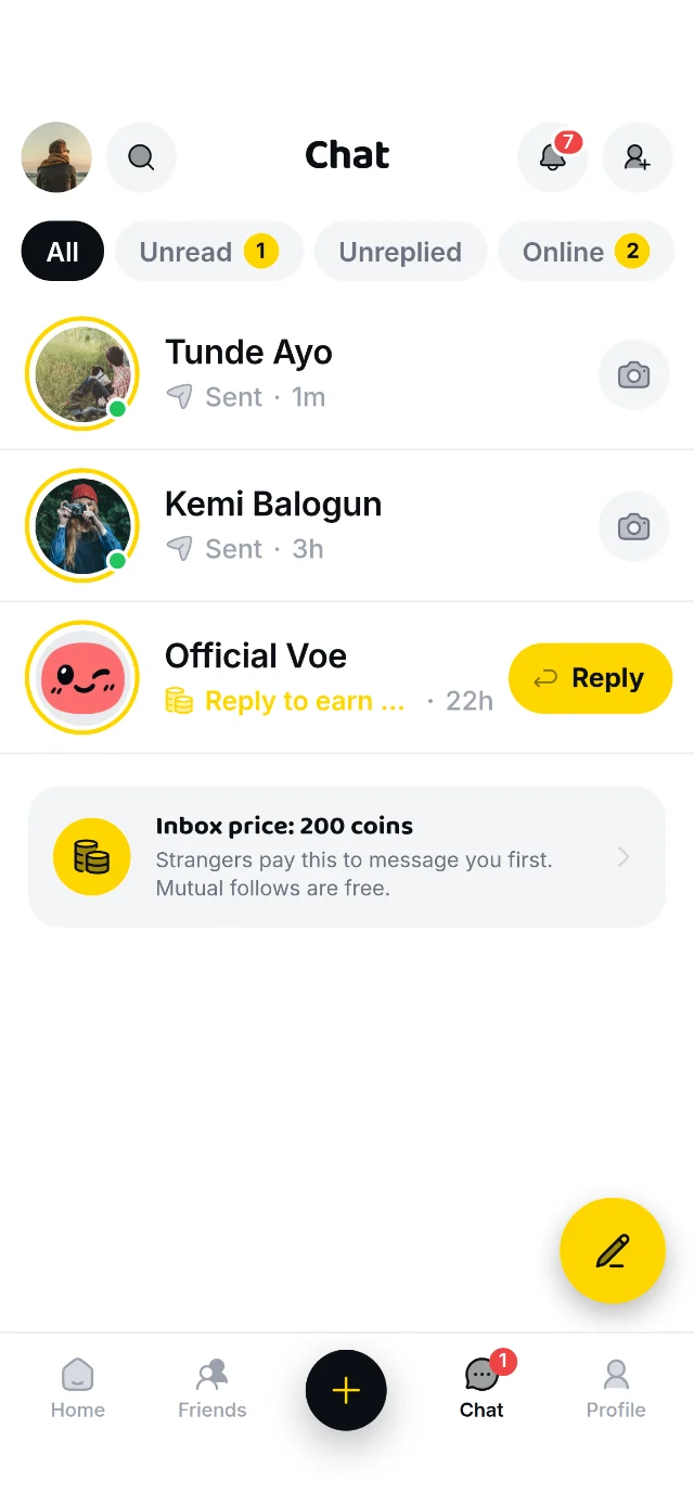 The chat list with unread and online filters, and a card explaining the paid inbox.