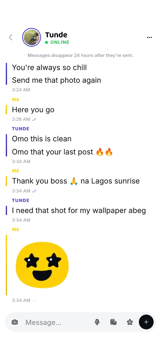 A chat with Tunde: a few messages and a big star-eyed sticker.