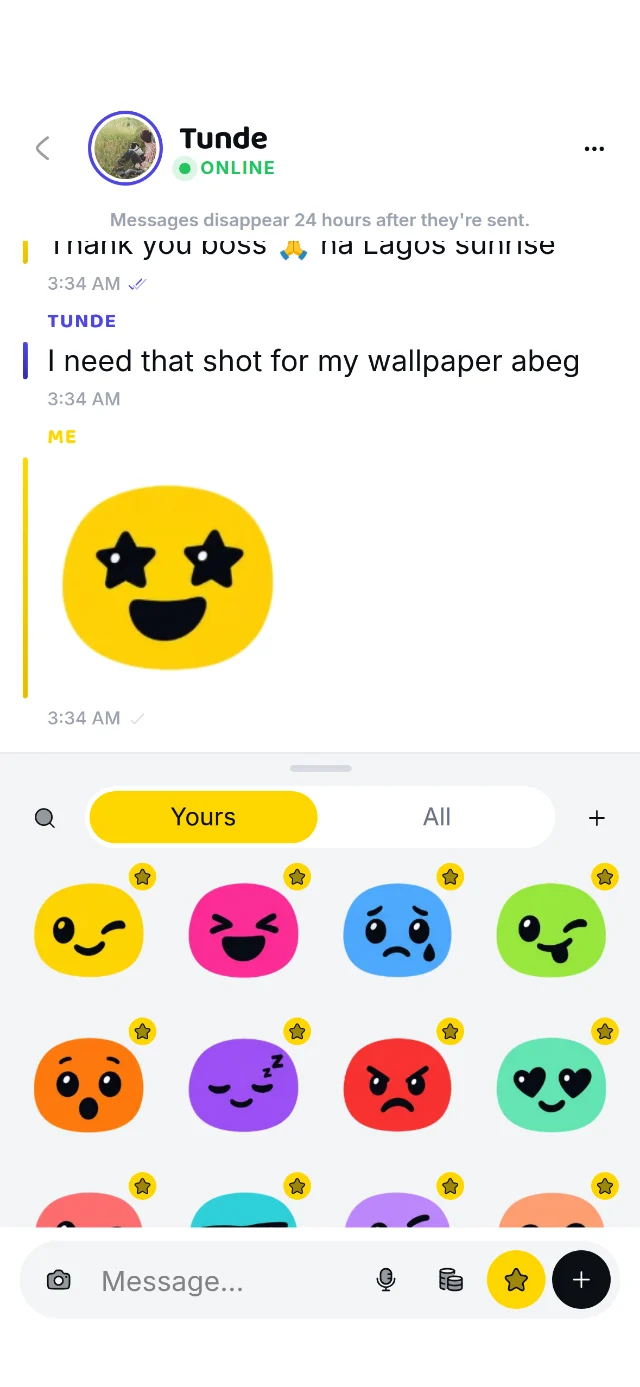 The sticker tray open below a chat, a shelf of coloured faces on the Yours tab.