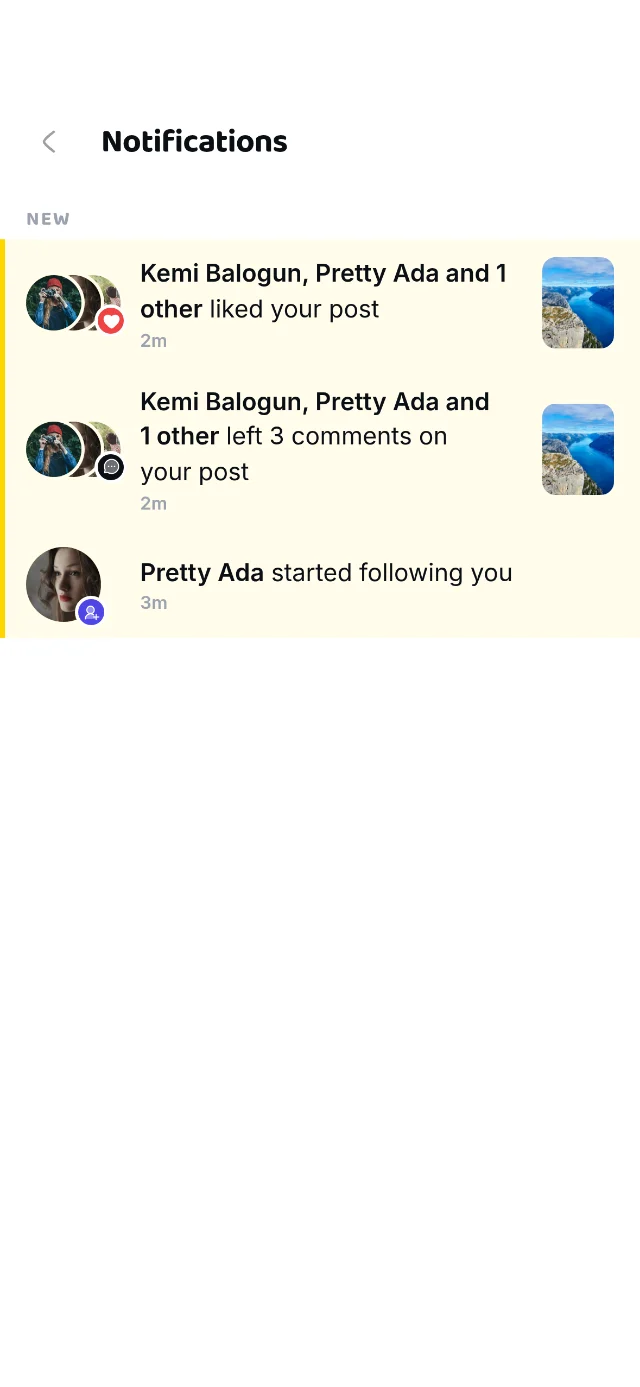 Notifications: likes, comments and a new follower.