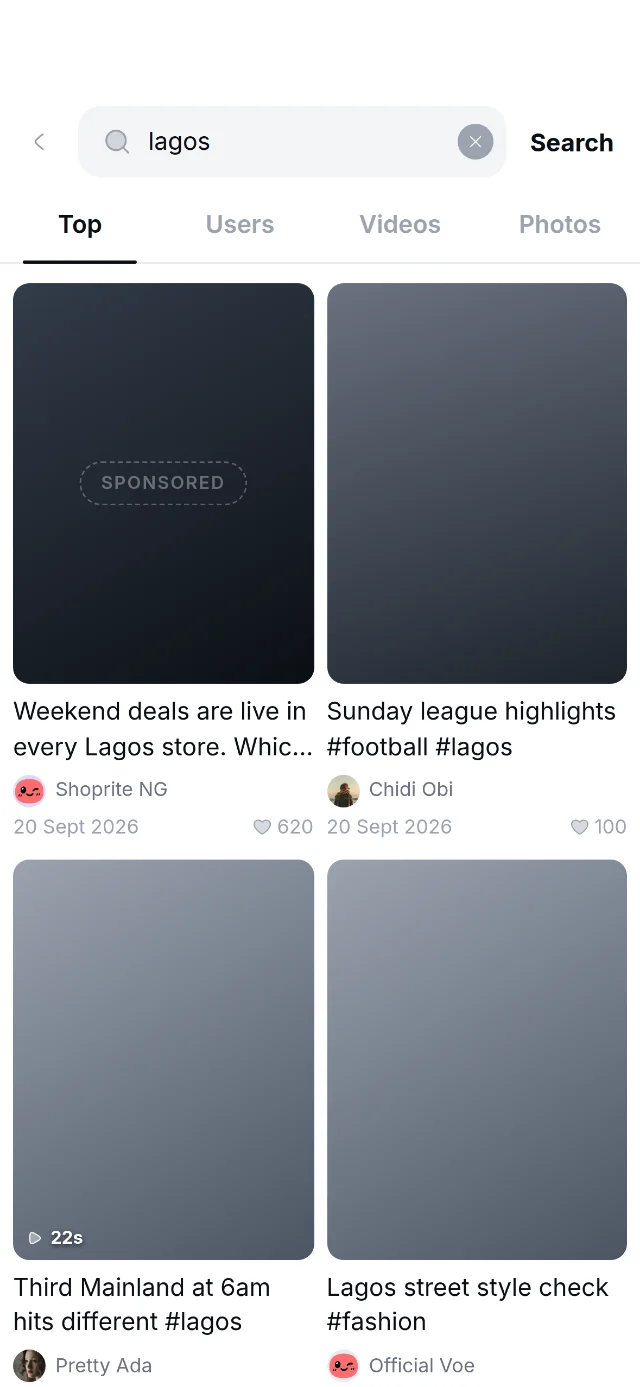 Search results for Lagos, with tabs for top, users, videos and photos.